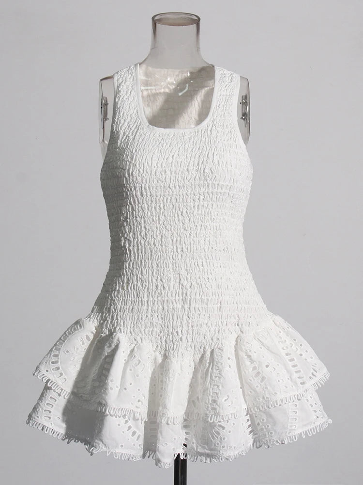 Zalia Atelier | White Sleeveless Mini Dress with embroidery and ruffle skirt detail Charo Ruiz Dupe