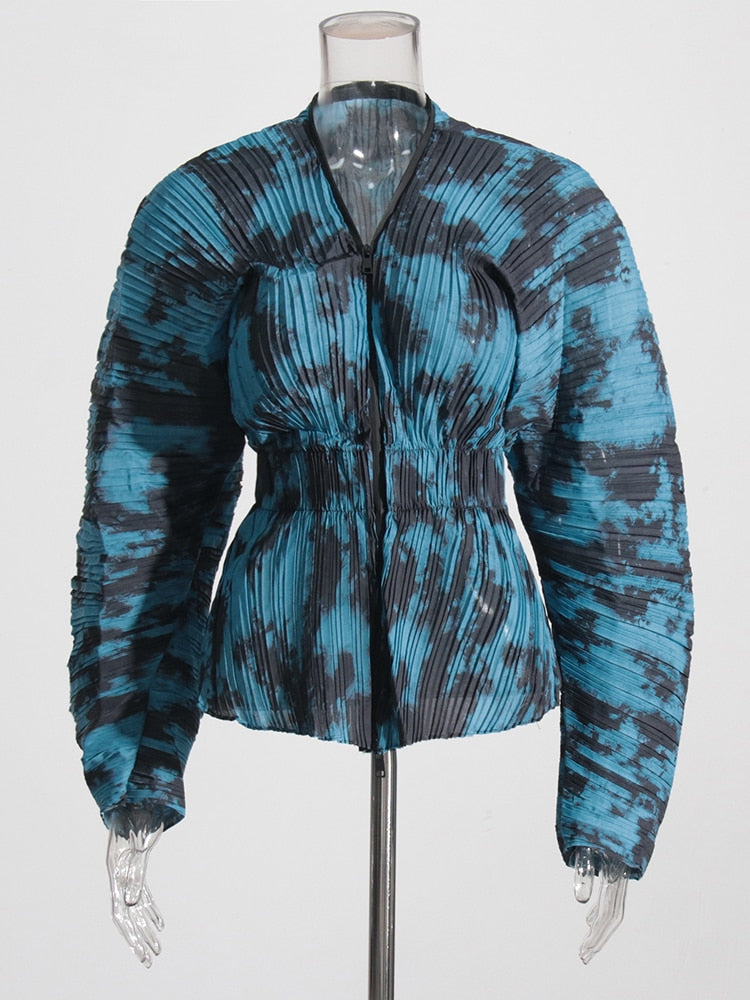 Blue Plisse Printed Blouse | Zipper Front | Long Sleeves | Zalia Atelier