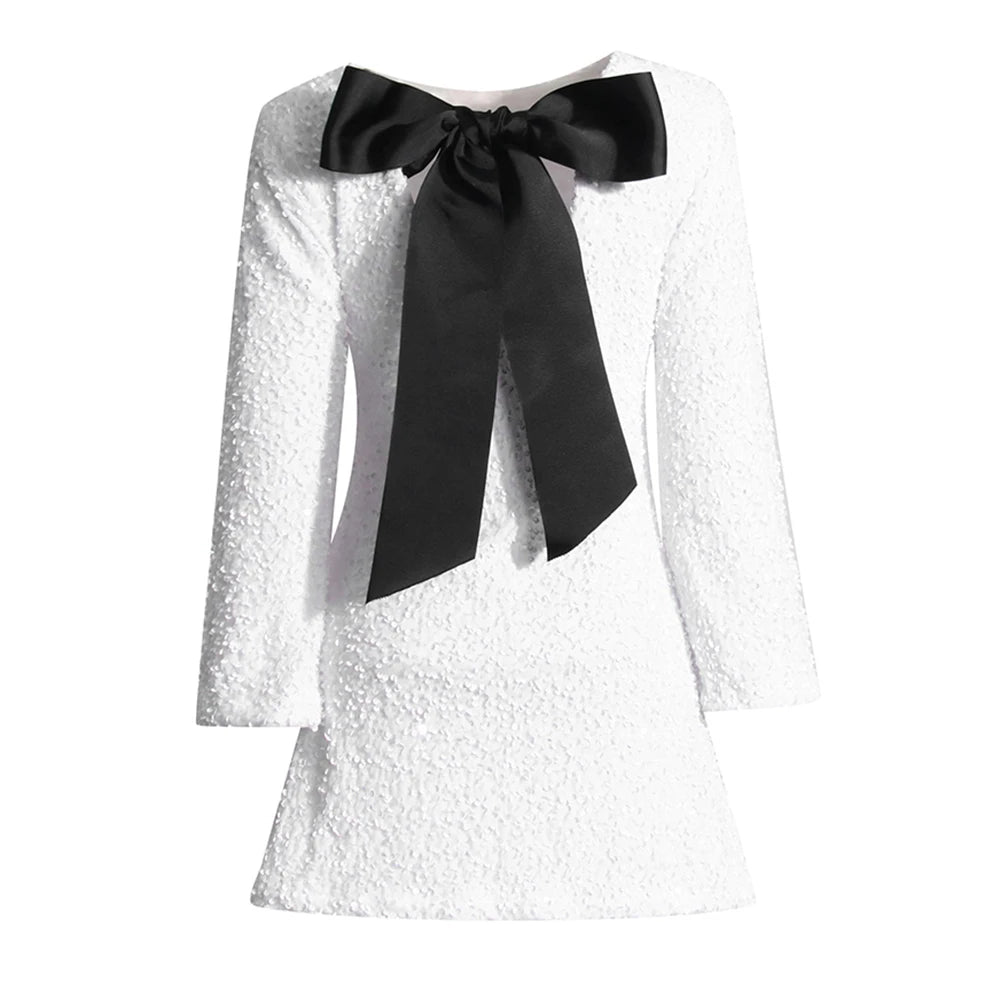 Zalia Atelier | White Sequins Mini Dress Long Sleeves Black Back Bow