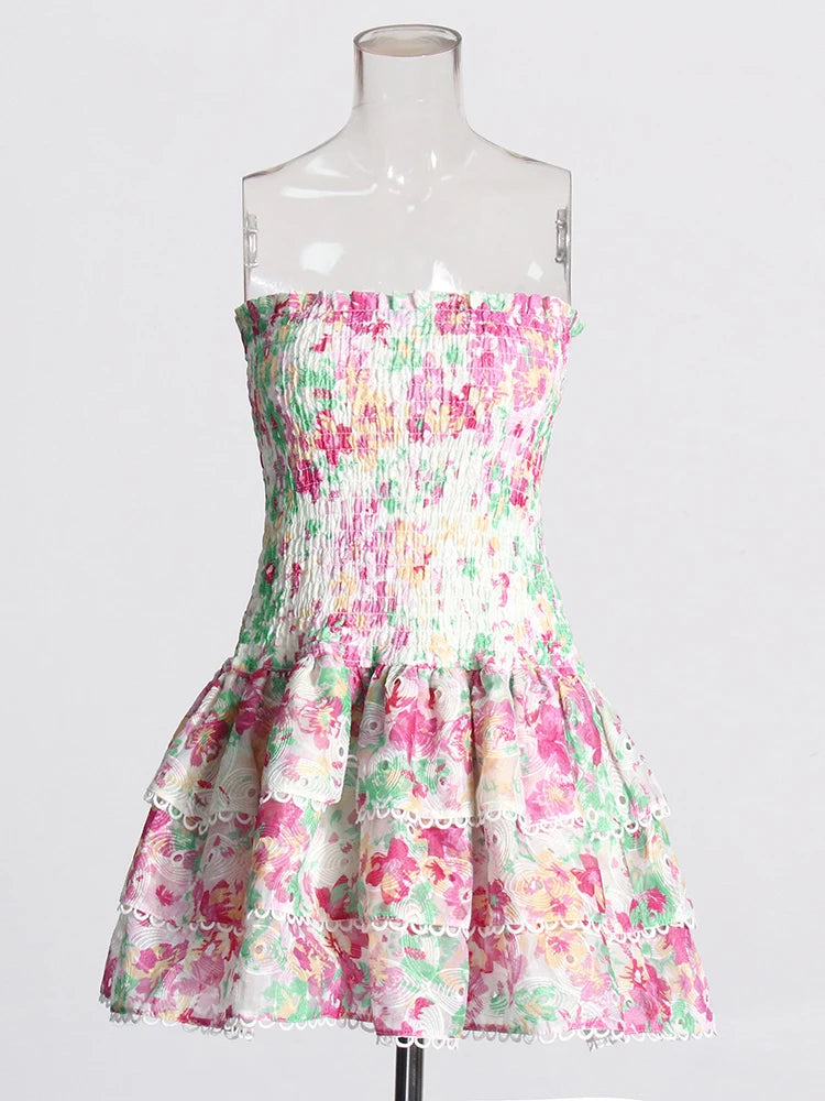 Zalia Atelier |Pink Floral Print Strapless Mini Dress | Ruffles