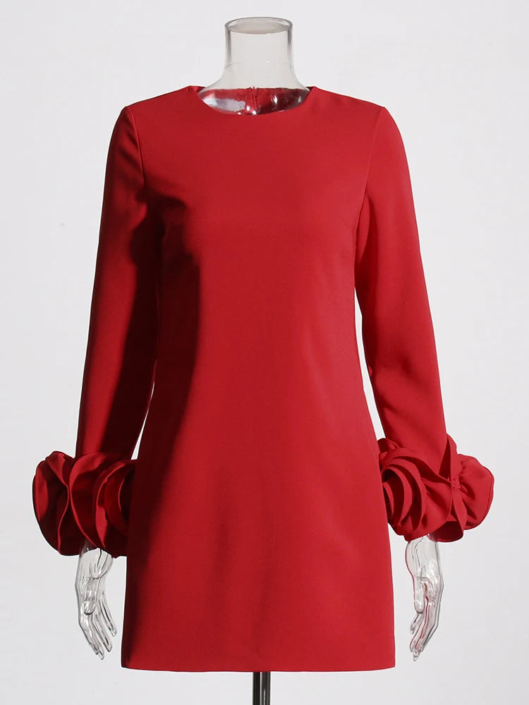 Zalia Atelier | Red Shift Dress with Long Sleeves and flower appliques on cuffs