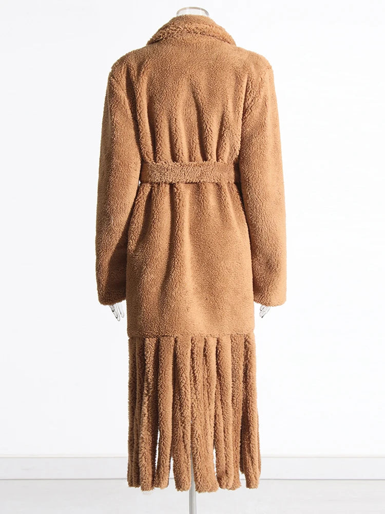 Camel color teddy coat with fringe detail