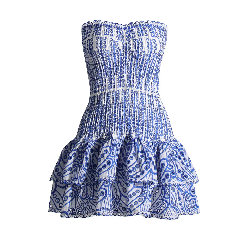 blue and white broderie anglaise strapless mini dress