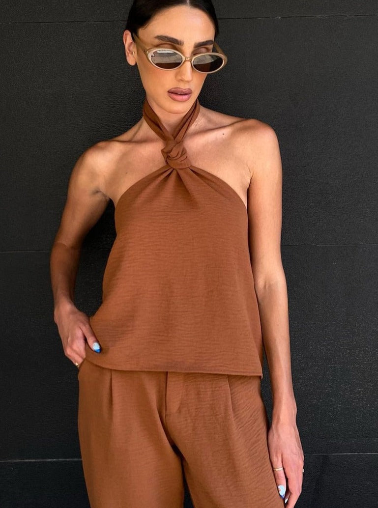 Brown Summer Lounge Set | Halter Neck Top and Loose Trousers | Zalia Atelier