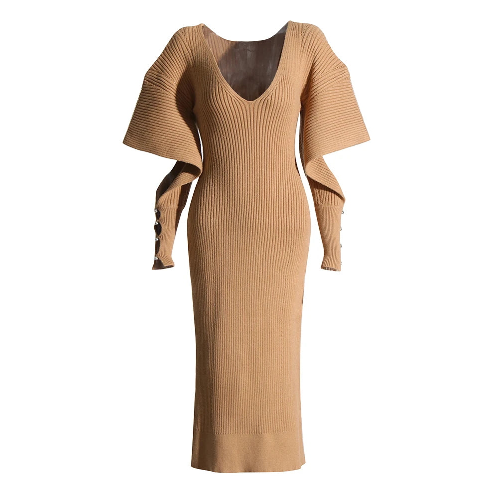 Khaki knit midi dress with long sleeves with cutouts