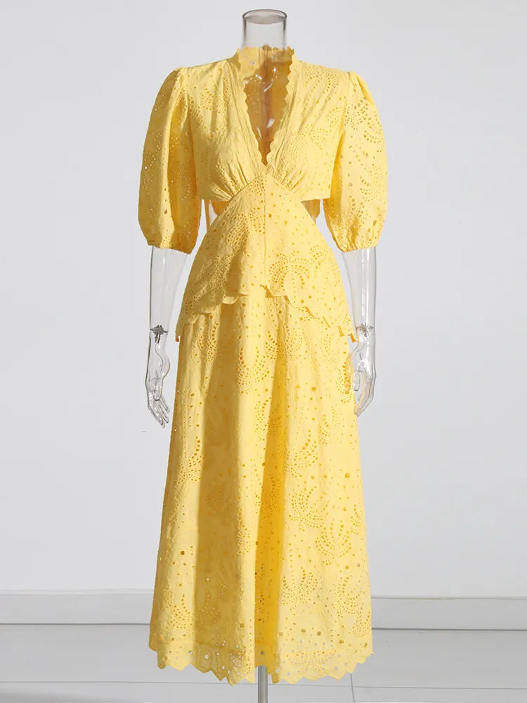 Yellow Midi Dress Puff Sleeves Embroidered