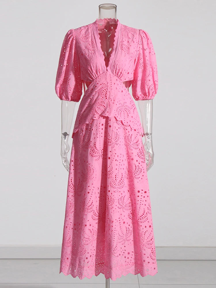 Pink Midi Dress Puff Sleeves Embroidered