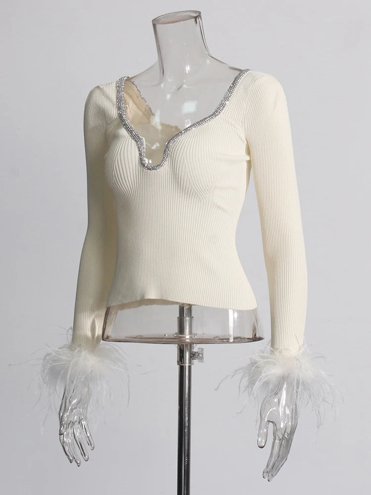 White Long Sleeve Knit Top Feather Cuffs