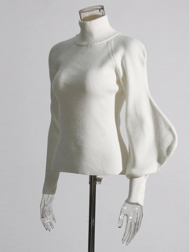 White turtleneck sweater with one lantern sleeve | Zalia Atelier