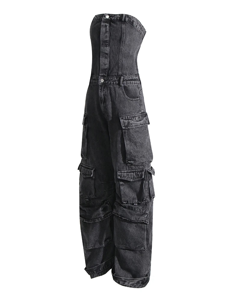 Zalia Atelier | Denim Strapless Cargo Jumpsuit