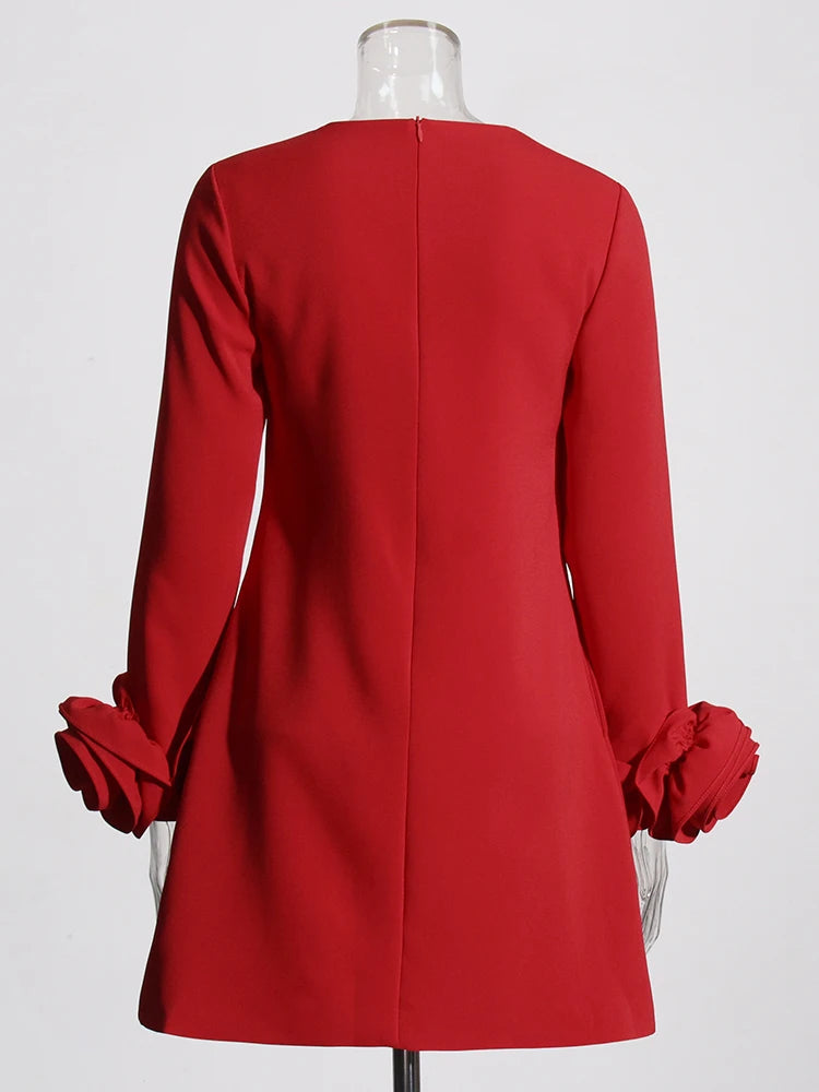 Zalia Atelier | Red Shift Dress with Long Sleeves and flower appliques on cuffs