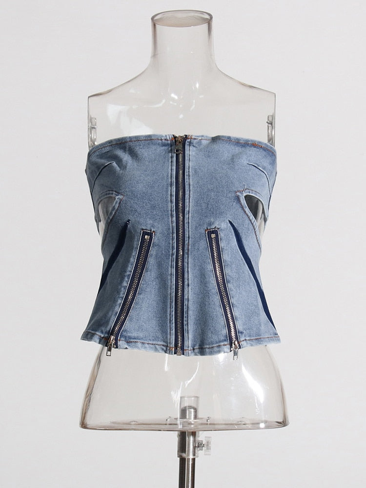 Strapless Denim Top With Zipper Detail | Zalia Atelier