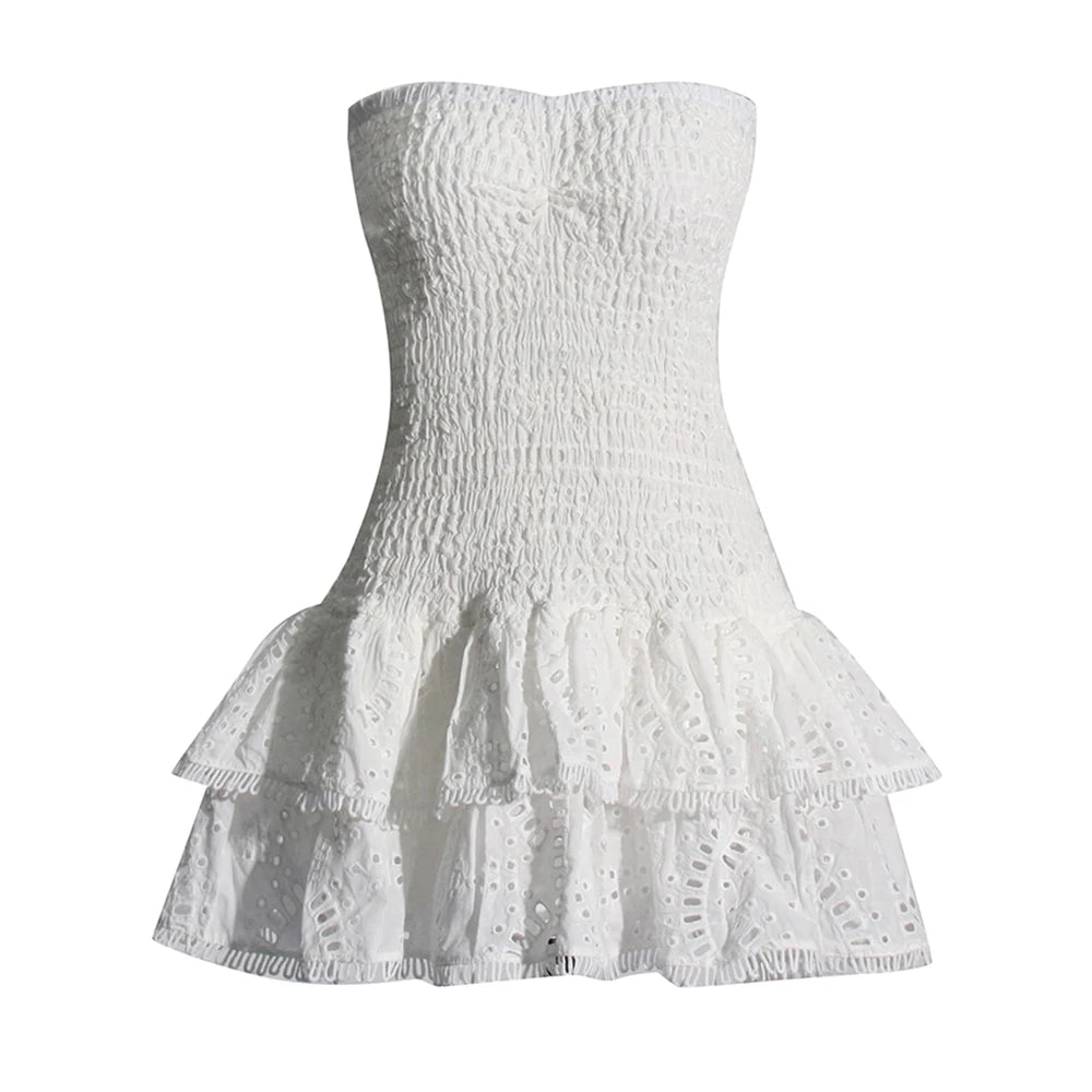 White Strapless Mini Dress Embroidery Eyelet Trim Stretchy Charo Ruiz Ibiza Dupe