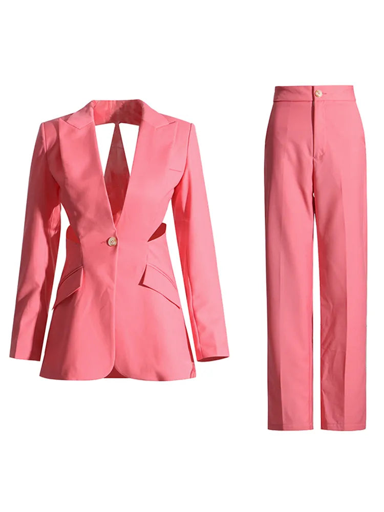 Pink cutout blazer and matching trousers set