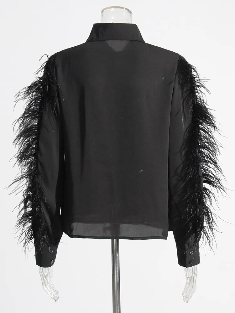 Black long sleeve blouse with feather trims