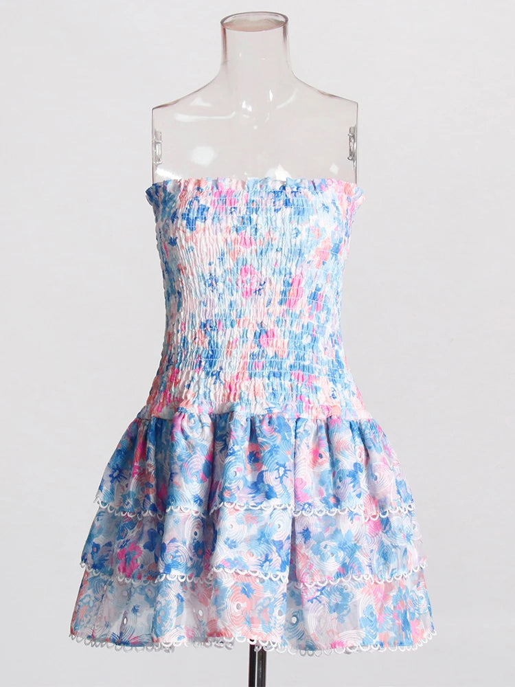 Zalia Atelier | Blue Floral Print Strapless Mini Dress | Ruffles