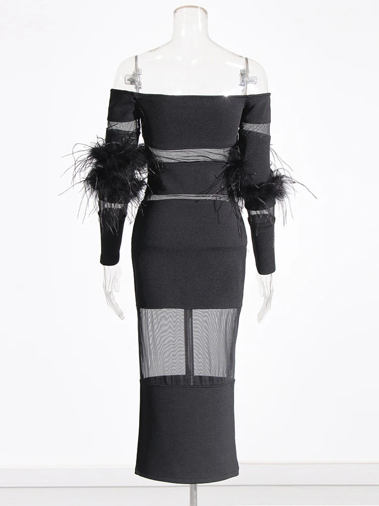 Zalia Atelier | Black Midi Dress Strapless Long Sleeves With Feathers