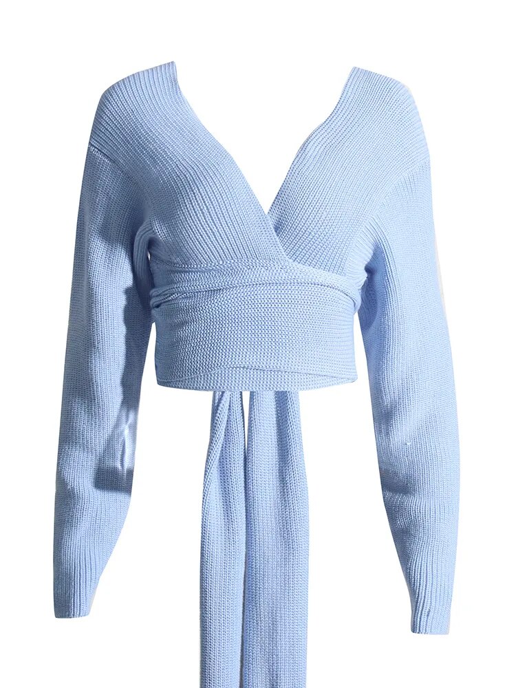 Light Blue V-Neck Knit Top Wrap Around Detail