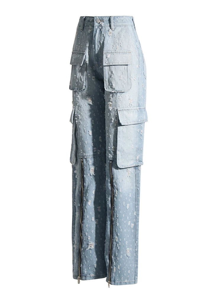 Denim cargo pants with rips and zippers | Zalia Atelier