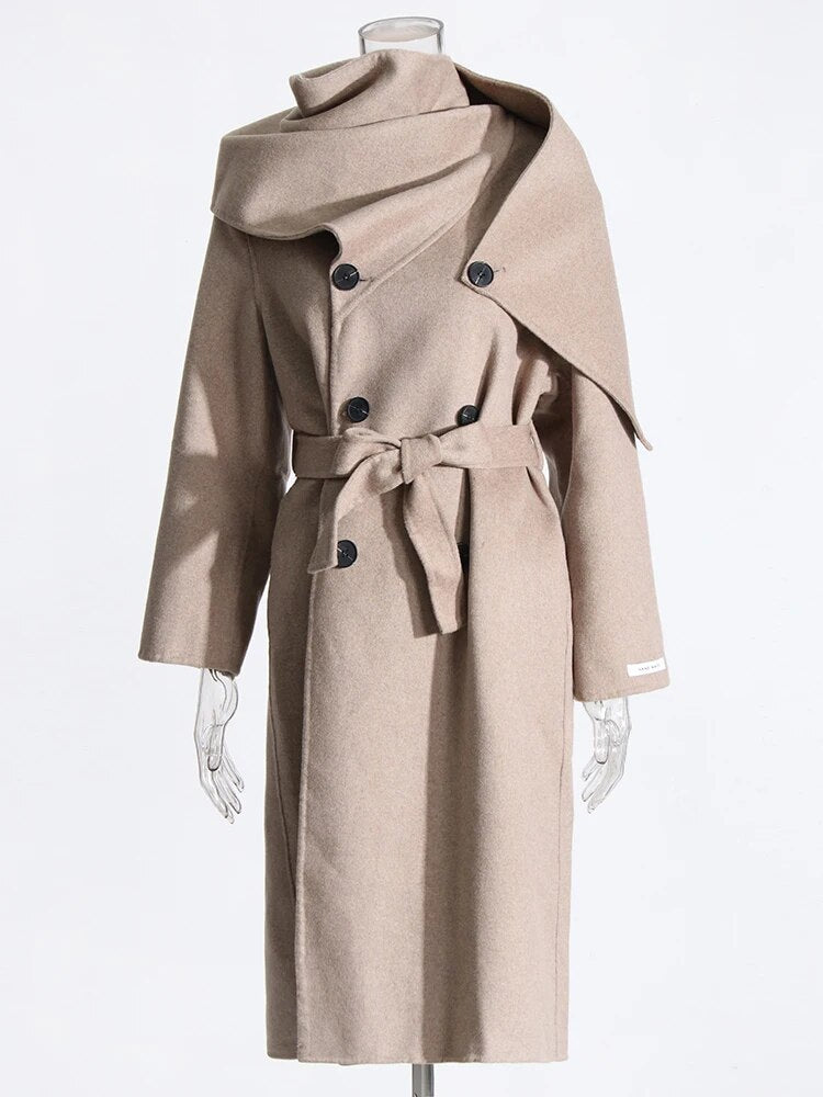 Light Khaki Coat with Attached Scarf and matching belt | Zalia Atelier