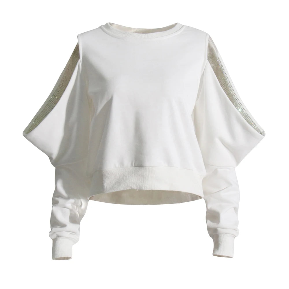 Zalia Atelier | White Sweatshirt with crystals embellished sleeves