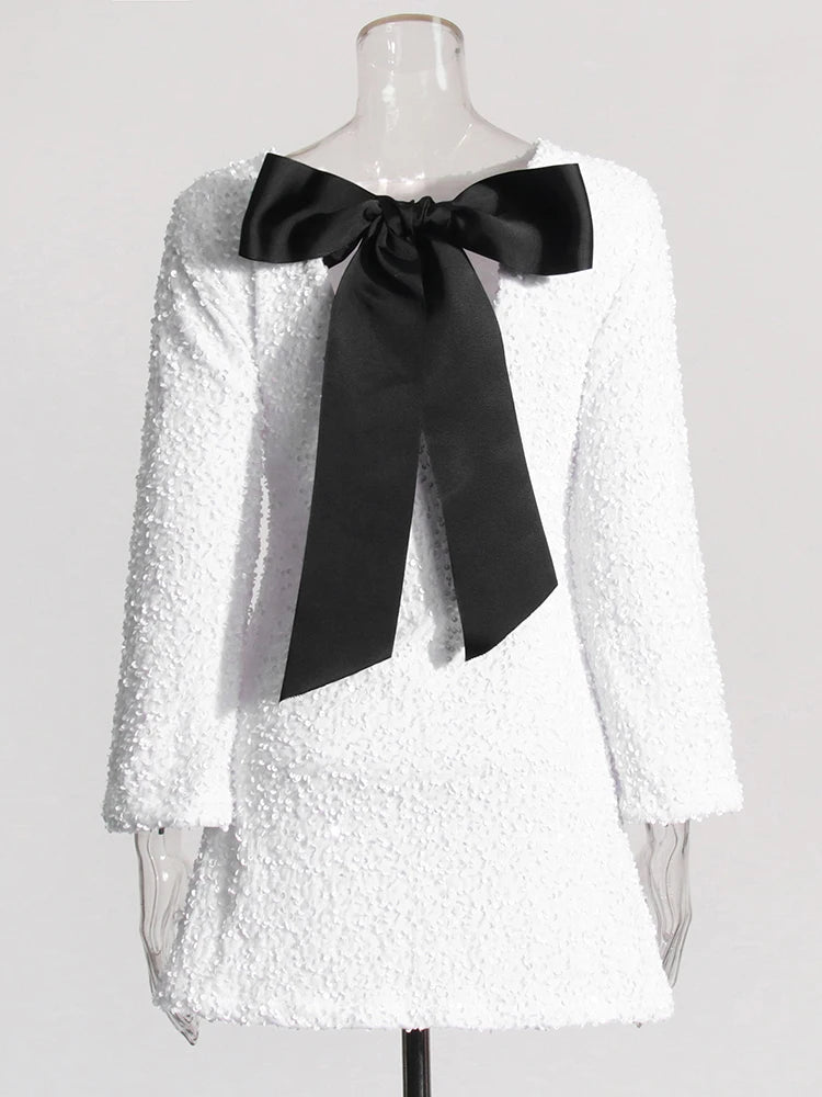 Zalia Atelier | White Sequins Mini Dress Long Sleeves Black Back Bow