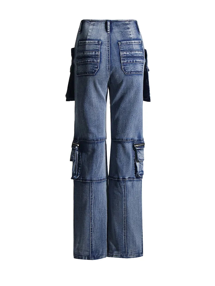 Modern denim pants with pockets and zippers