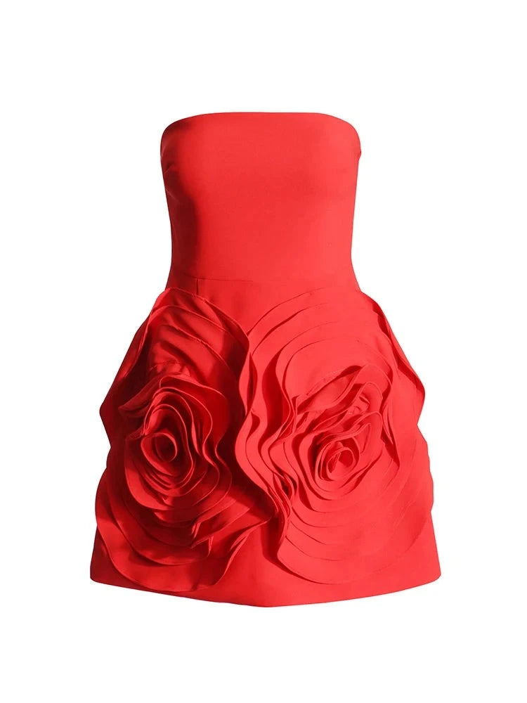 Zalia Atelier | Red Strapless Mini Dress Floral Applique