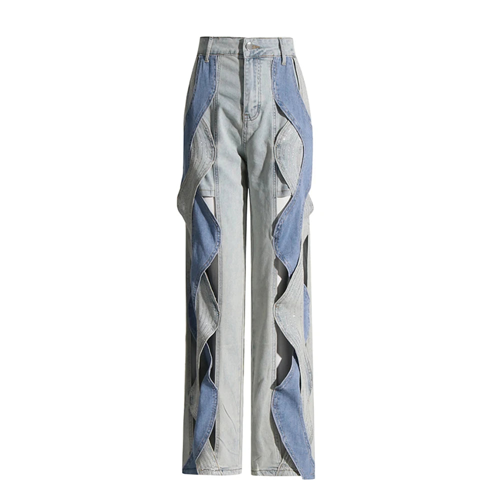 Double Denim Patchwork Jeans with cutouts