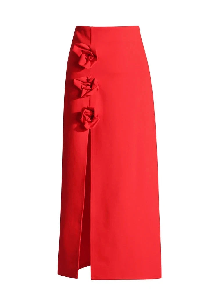 Zalia Atelier | Red Maxi Skirt | Flower Appliques | Side Front Split