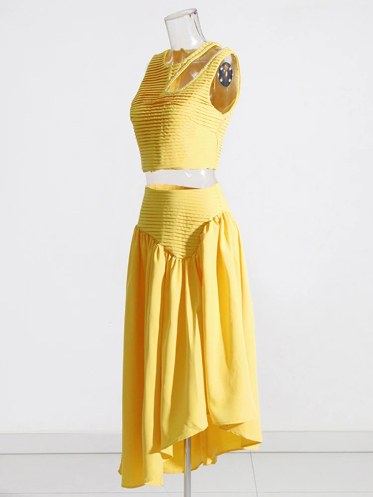 Yellow top and midi skirt set, shoulder cut out top with rhinestones