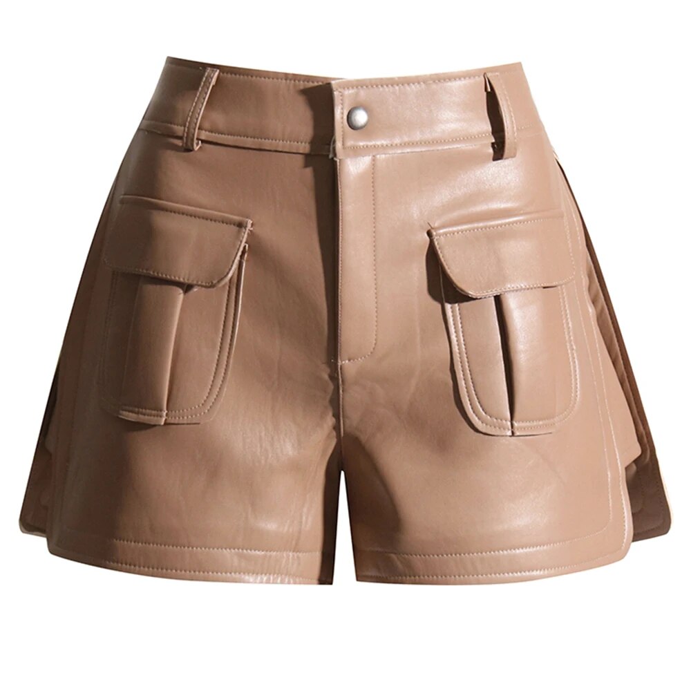 Khaki leather shorts with raw seams | Zalia Atelier