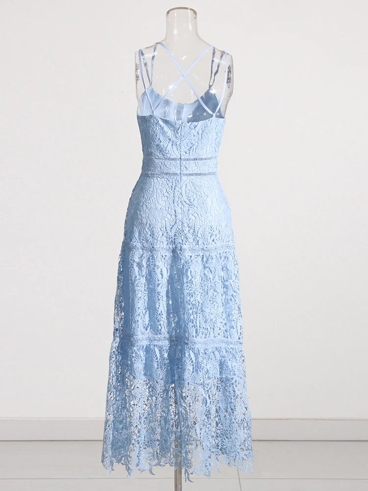 Zalia Atelier | Light Blue Embroidered Lace Dress