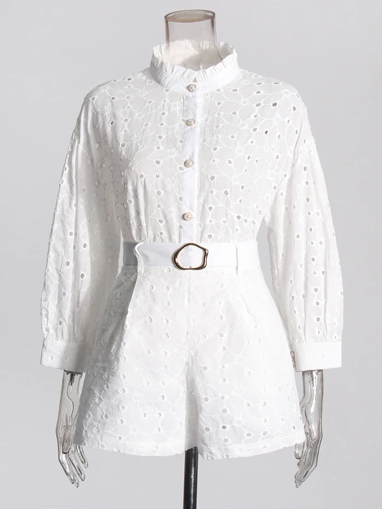 Zalia Atelier | Embroidered Top and Shorts Set | White Top and Belted Shorts