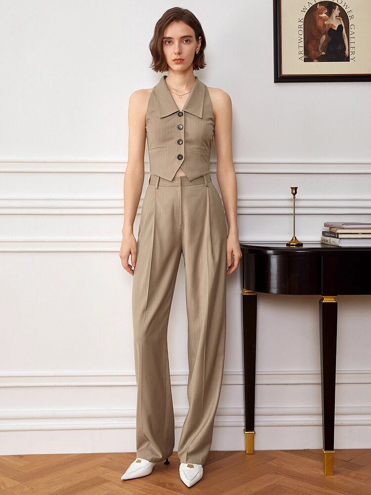 Khaki Vest with turndown collar | Zalia Atelier