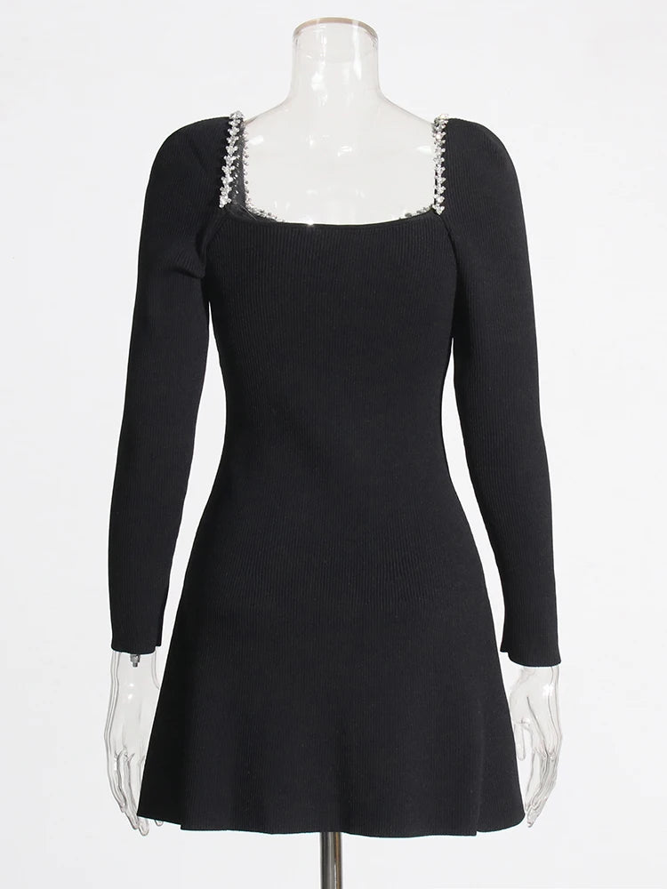 Zalia Atelier | Black Knit Mini Dress with long sleeves and crystal rhinestone neck trim