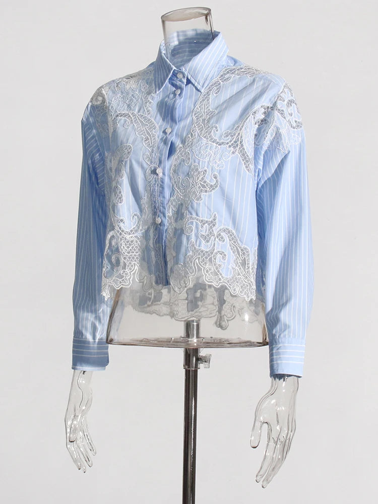 Striped Blue Shirt with lace detail | Zalia Atelier