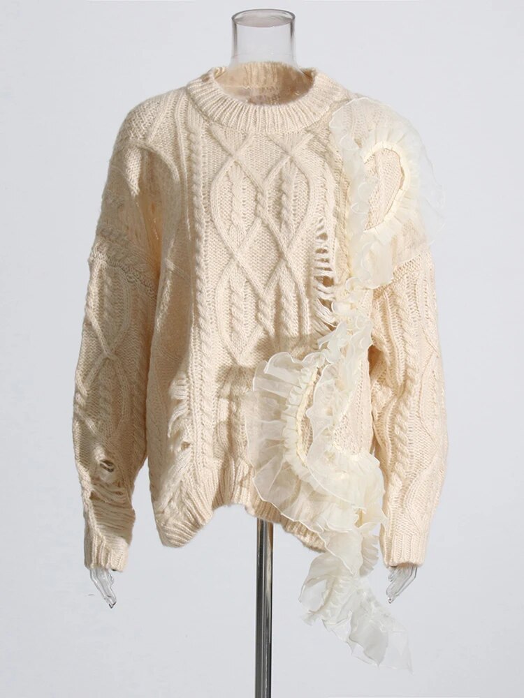 Beige Sweater with ruffles and distressed detail