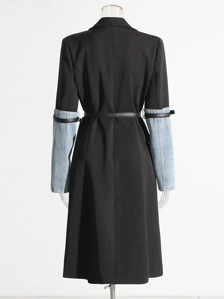 Belted Black Trench Coat with denim patchwork sleeves with straps