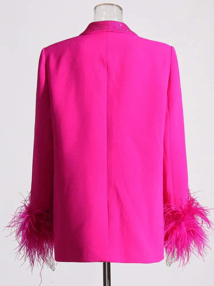 Bright Pink Blazer Sequins Lapel Feather Cuffs Trim