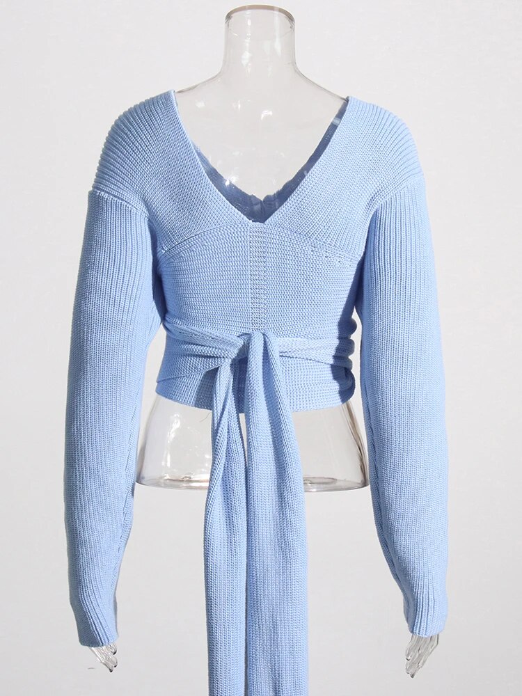 Light Blue V-Neck Knit Top Wrap Around Detail