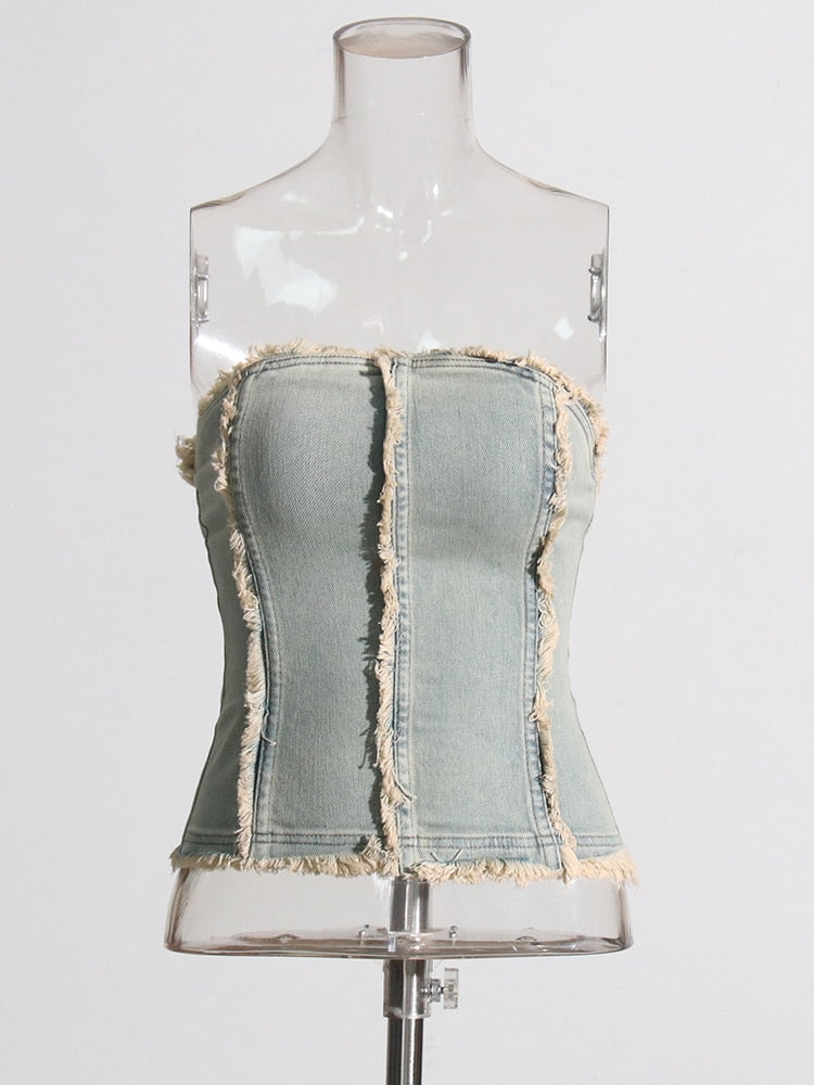 Frayed Denim Tube Top | Chic Street Style | Zalia Atelier