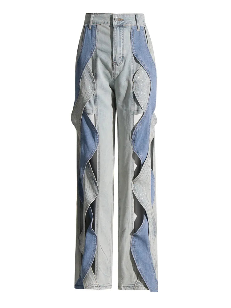 Double Denim Patchwork Jeans with cutouts