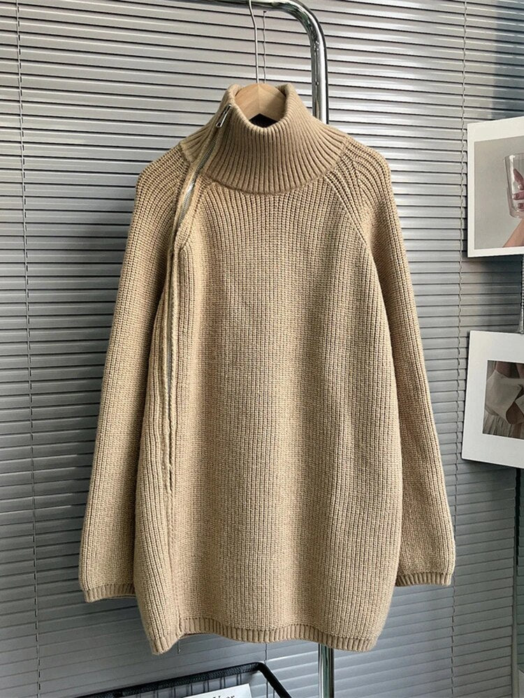 Khaki Sweater with Zippered Neck | Zalia Atelier