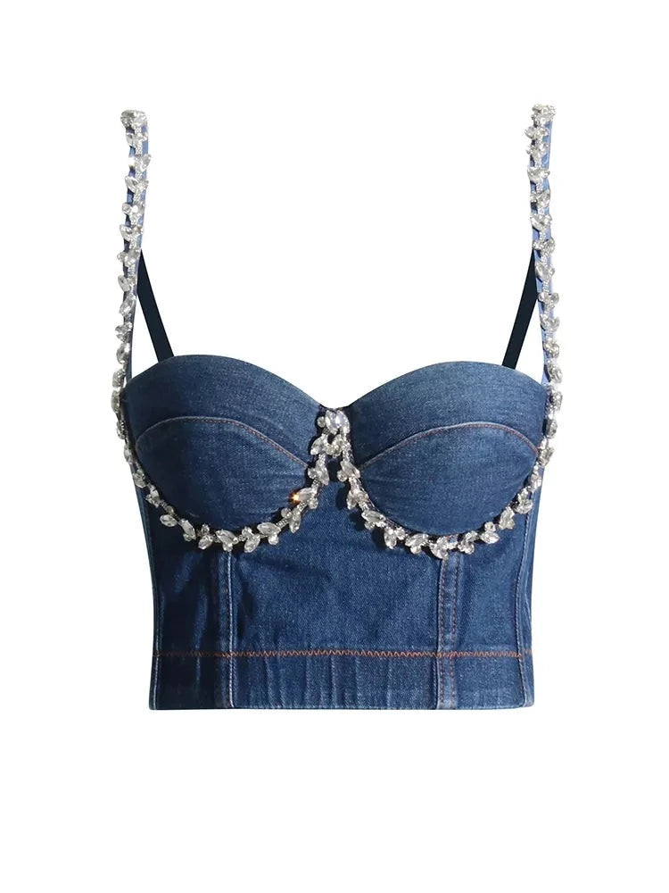 Zalia Atelier | Denim Bustier Top with big crystal rhinestones straps