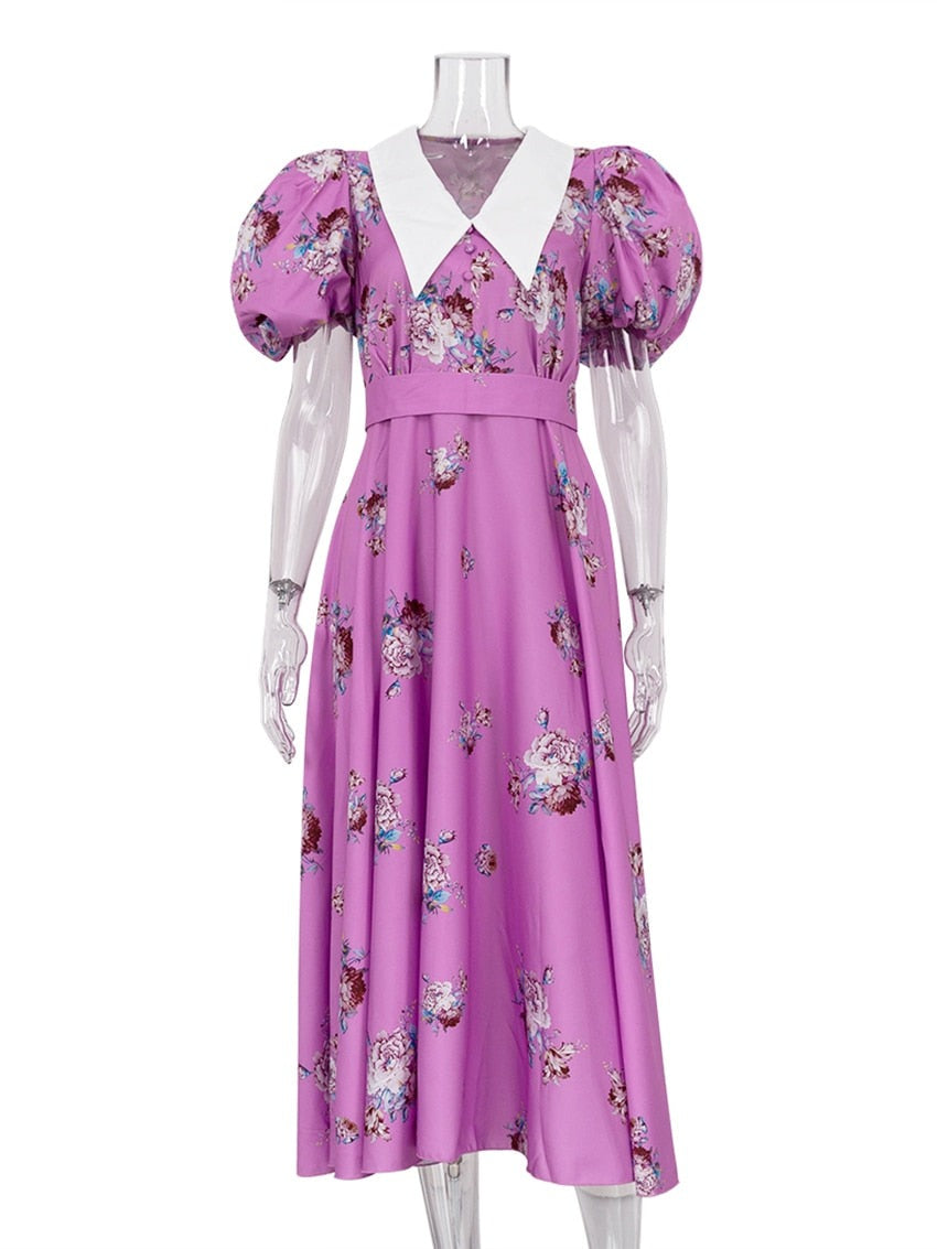 Purple Floral Print Midi Dress with Puff Sleeves and Doll Collar