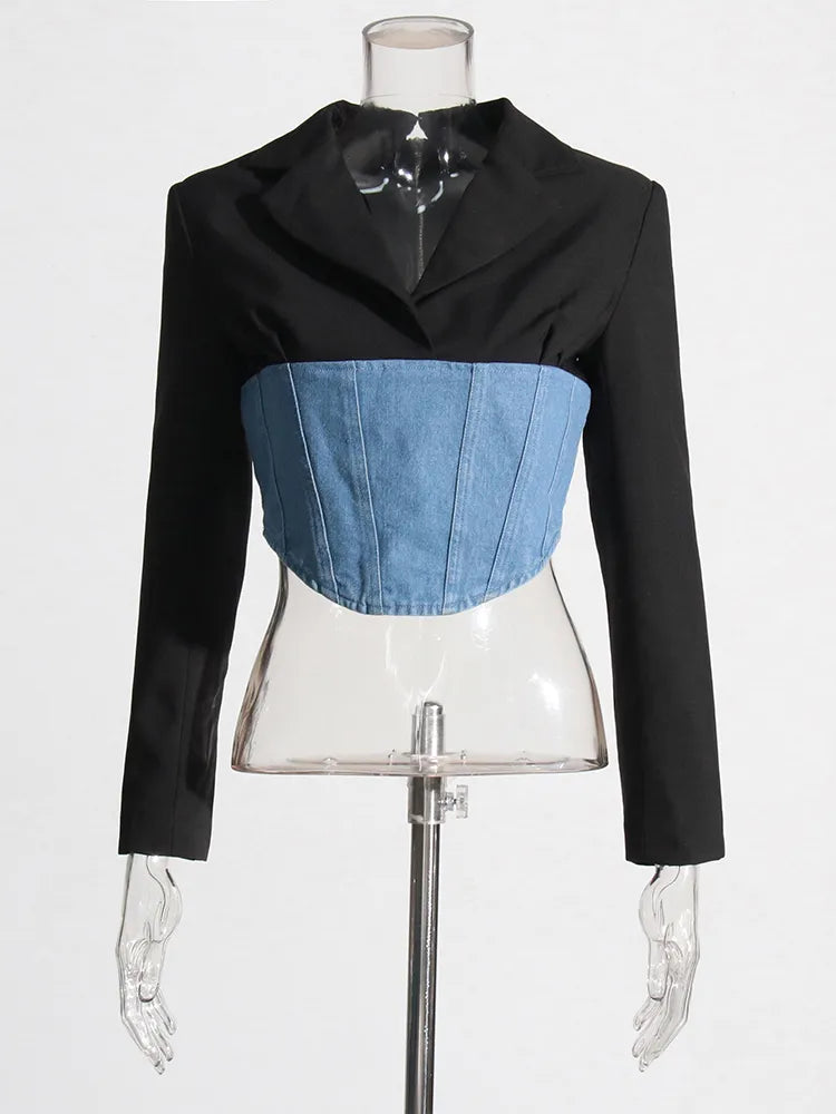 Black top with blue denim patchwork | Zalia Atelier