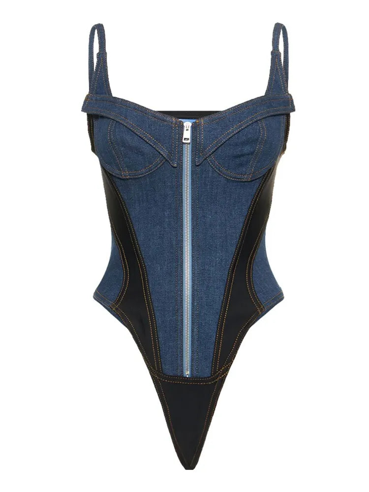 Dark Blue Denim Patchwork Bodysuit with zipper