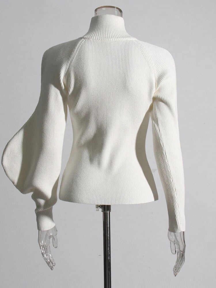 White turtleneck sweater with one lantern sleeve | Zalia Atelier