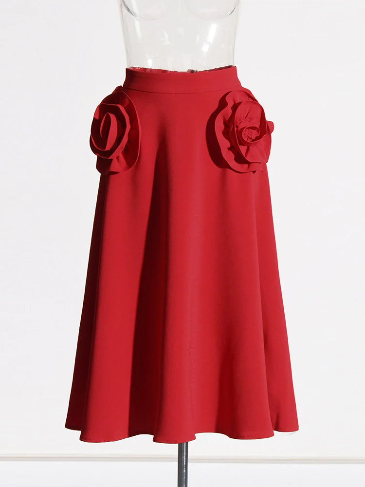 Zalia Atelier | Red Midi Skirt with Flower Appliques